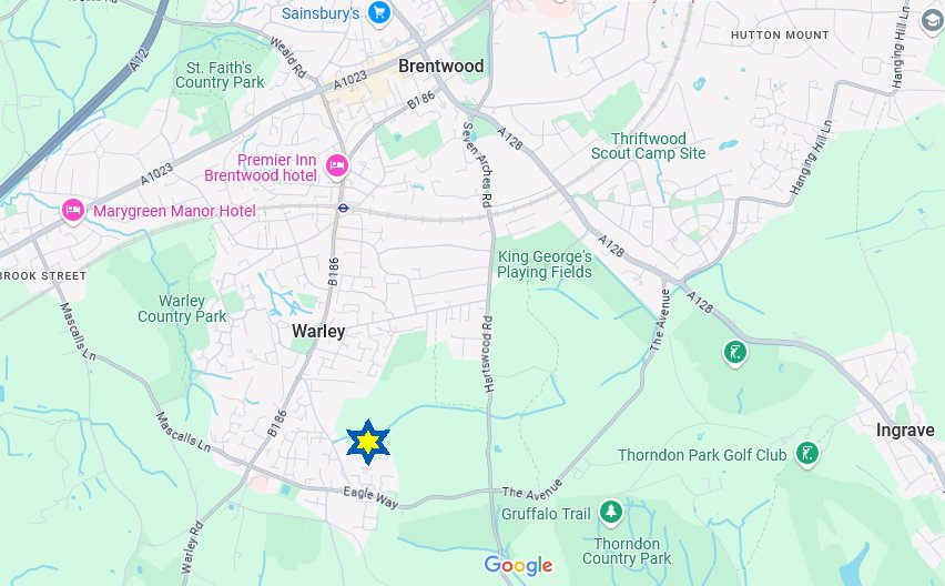 Map of Eagle Hall relative to central Brentwood